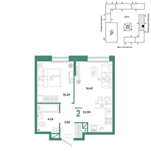 Планировка 2-комн. квартира, 35.99 м² ЖК «Юнион»