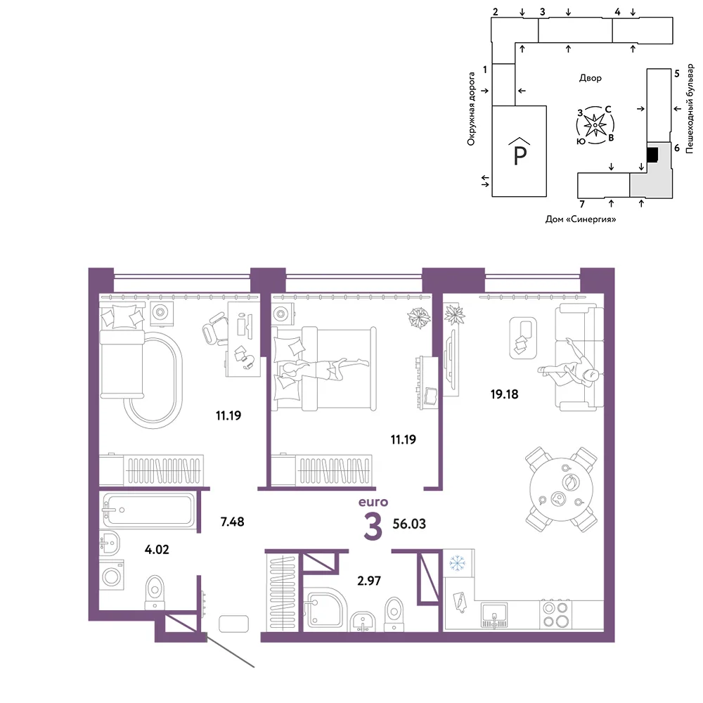 Планировка 3-комн. квартира, 56.03 м² ЖК «Юнион»