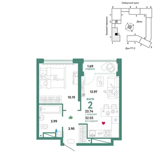 Планировка 2-комн. квартира, 33.74 м² ЖК «Сибирский сад»