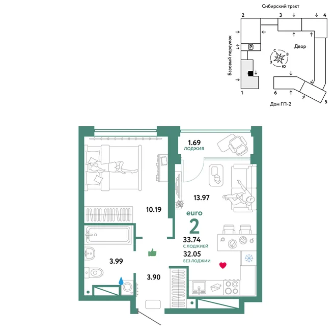 Планировка 2-комн. квартира, 33.74 м² ЖК «Сибирский сад» Планировка 2-комн. квартира, 33.74 м² ЖК «Сибирский сад»