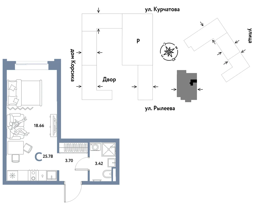 Планировка Студия, 25.78 м² ЖК «Остров-сад»