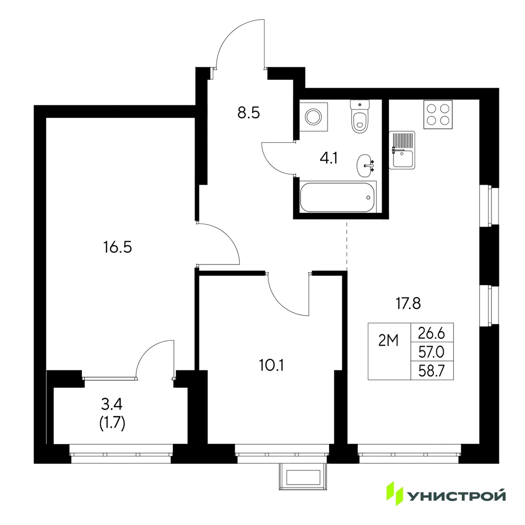 Планировка 2-комн. квартира, 58.7 м² ЖК «Стадиум»