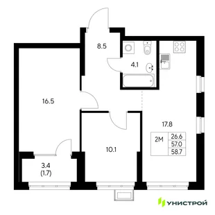 Планировка 2-комн. квартира, 58.7 м² ЖК «Стадиум»
