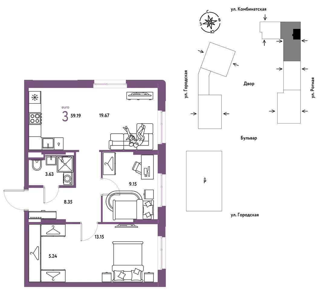 Планировка 3-комн. квартира, 59.19 м² ЖК «Уральский сад»