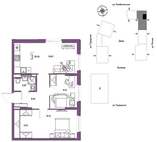 Планировка 3-комн. квартира, 59.19 м² ЖК «Уральский сад»