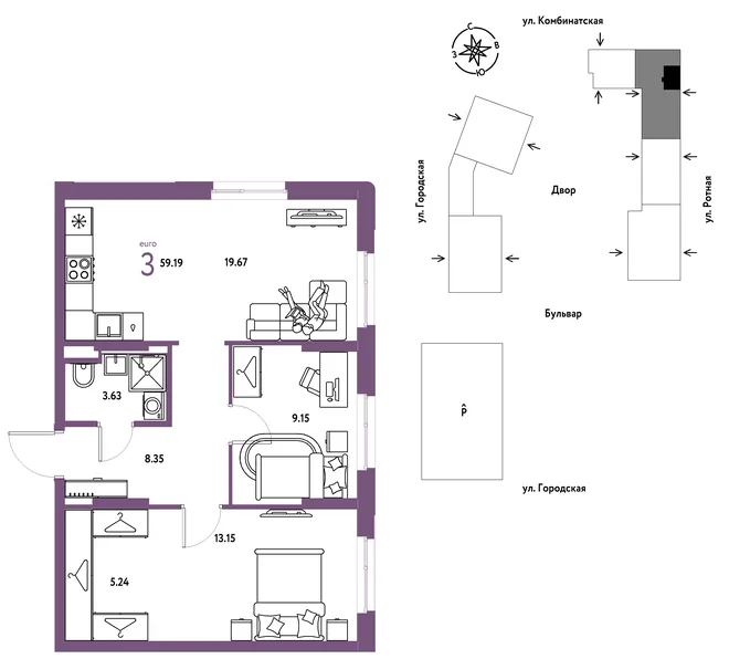 Планировка 3-комн. квартира, 59.19 м² ЖК «Уральский сад» Планировка 3-комн. квартира, 59.19 м² ЖК «Уральский сад»