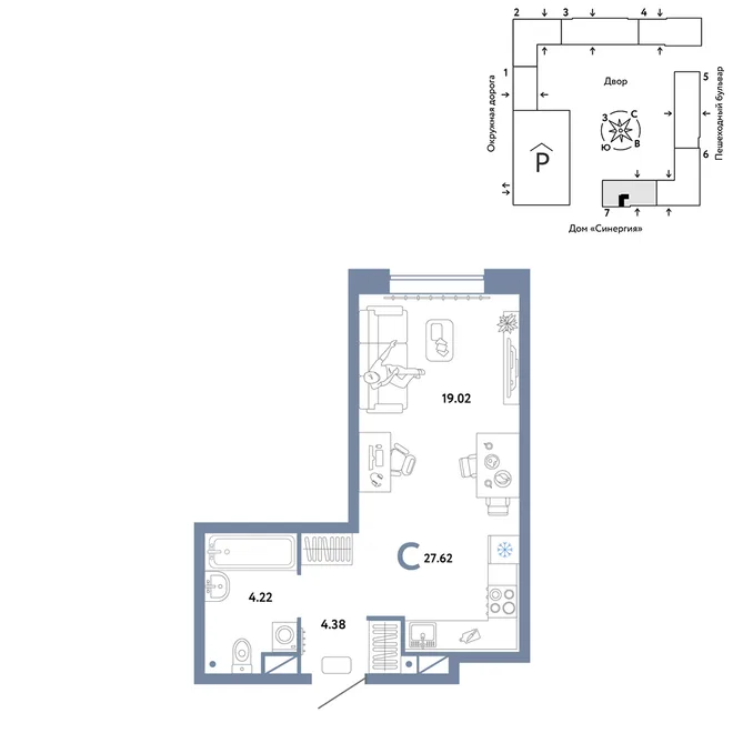 Планировка Студия, 27.62 м² ЖК «Юнион»