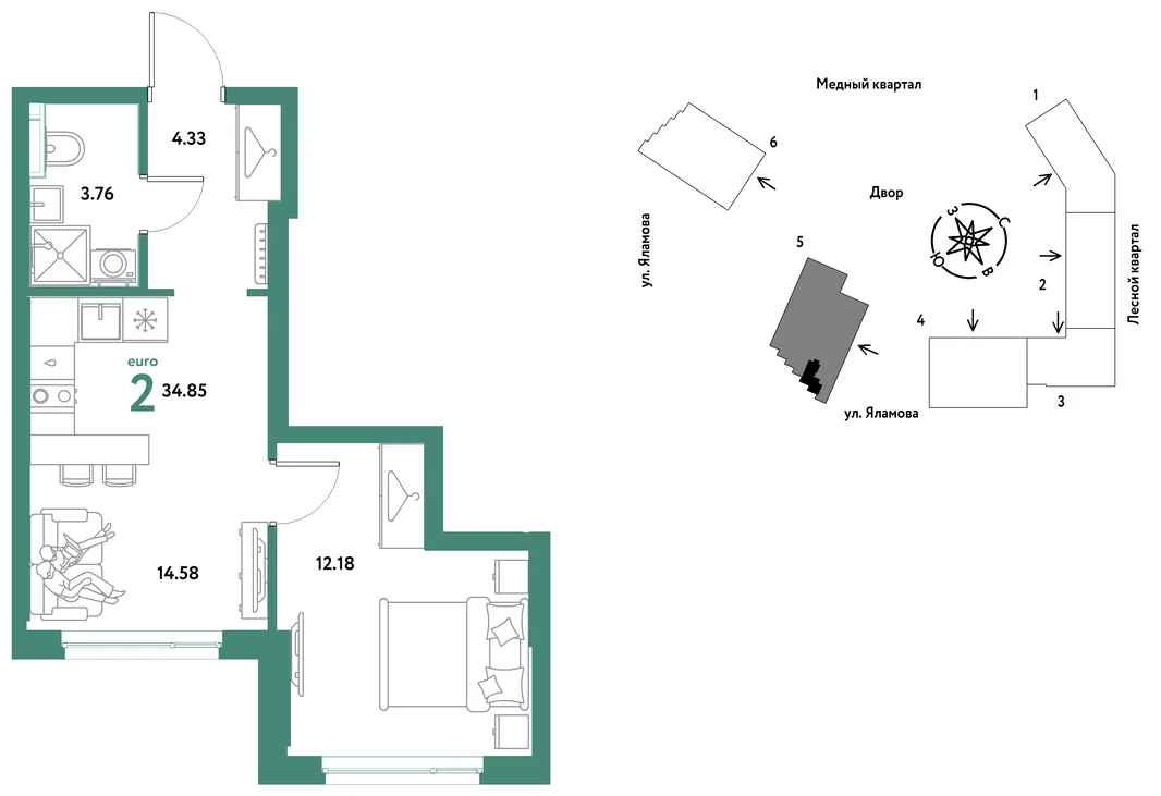 Планировка 2-комн. квартира, 34.85 м² ЖК «Сибирский сад»