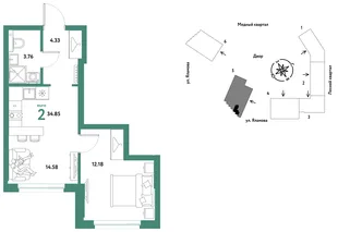 Планировка 2-комн. квартира, 34.85 м² ЖК «Сибирский сад»
