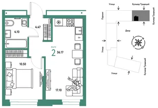 Планировка 2-комн. квартира, 36.17 м² ЖК «Микрорайон Домашний»