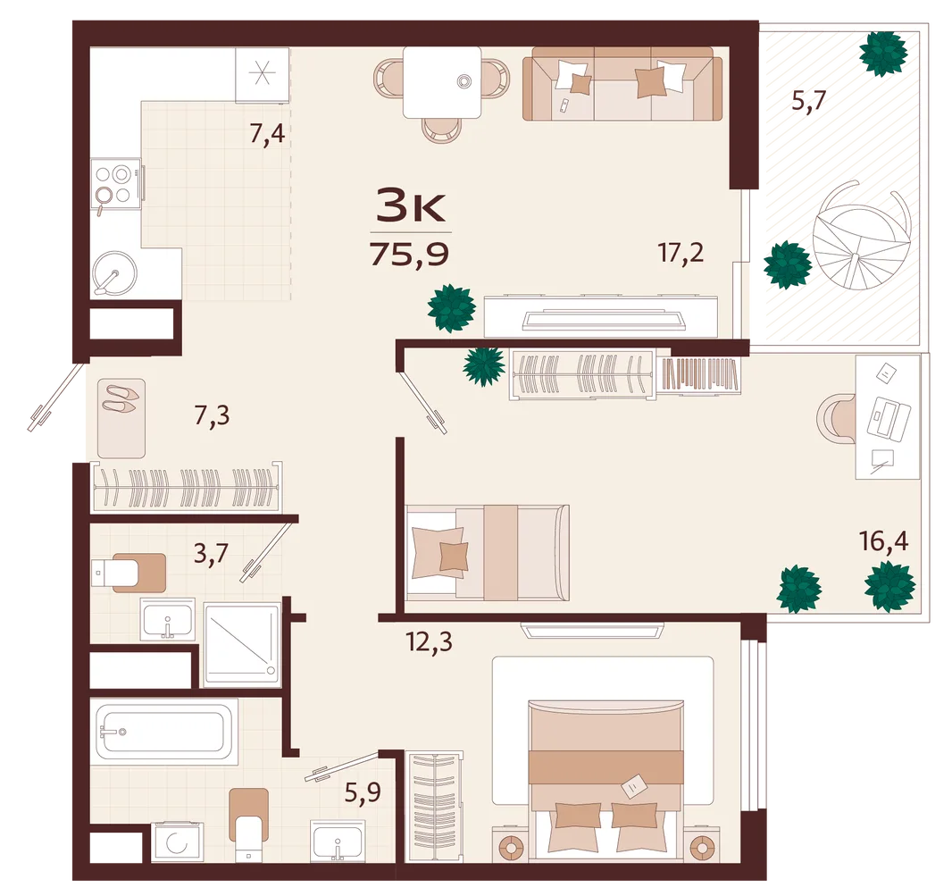 Планировка 3-комн. квартира, 75.9 м² ЖК «Роялта»