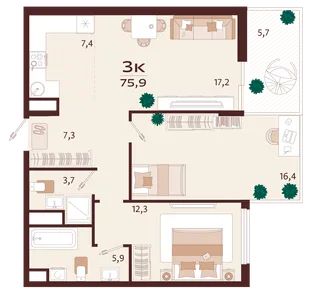Планировка 3-комн. квартира, 75.9 м² ЖК «Роялта»