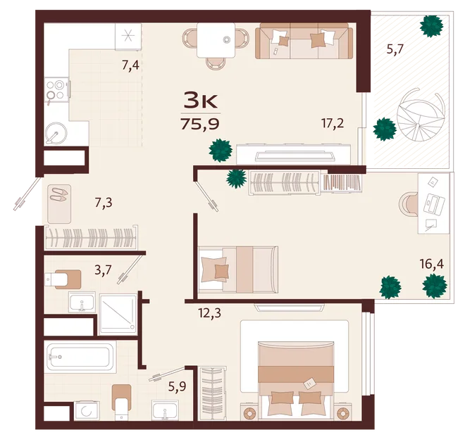 Планировка 3-комн. квартира, 75.9 м² ЖК «Роялта» Планировка 3-комн. квартира, 75.9 м² ЖК «Роялта»