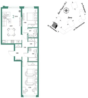 Планировка 2-комн. квартира, 72.7 м² ЖК «Страна.Парковая»