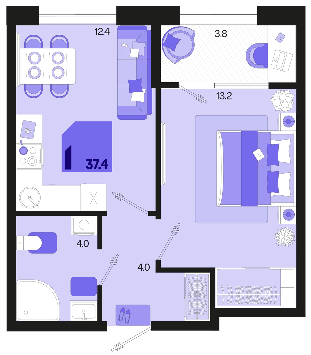 Планировка 1-комн. квартира, 37.4 м² ЖК «Первое место»