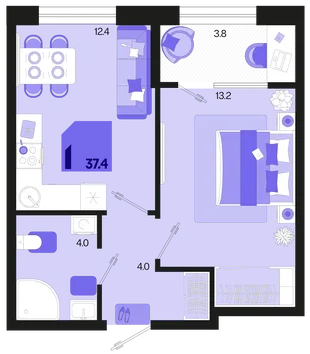Планировка 1-комн. квартира, 37.4 м² ЖК «Первое место»