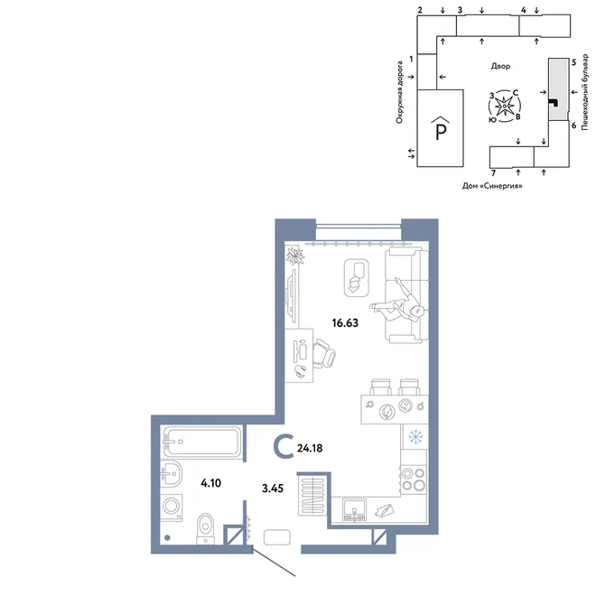 Планировка Студия, 24.18 м² ЖК «Юнион»