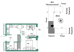 Планировка 2-комн. квартира, 35.77 м² ЖК «Микрорайон Домашний»
