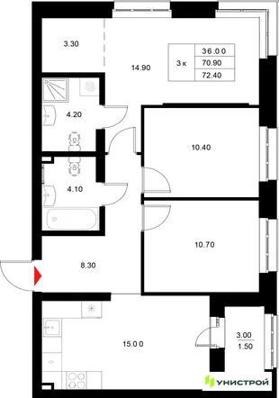 Планировка 3-комн. квартира, 72.4 м² ЖК «Уникод на Технической»
