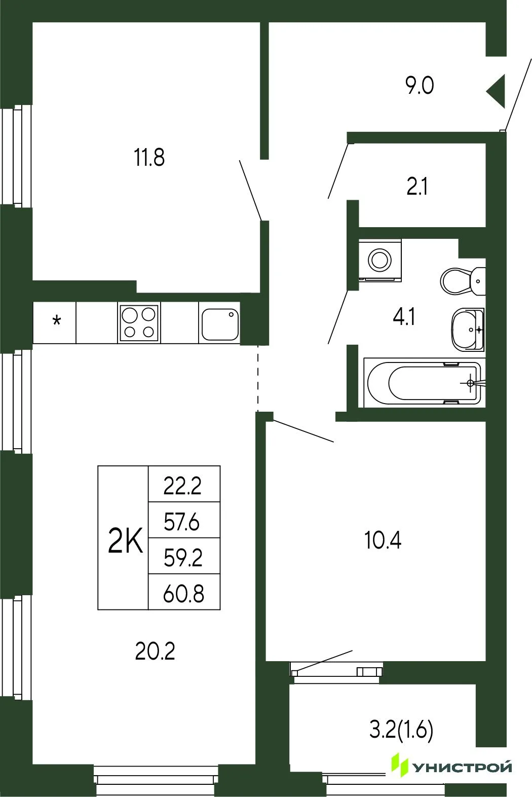 Планировка 2-комн. квартира, 59.2 м² ЖК «Парковый квартал 2.0»