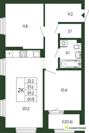 Планировка 2-комн. квартира, 59.2 м² ЖК «Парковый квартал 2.0»