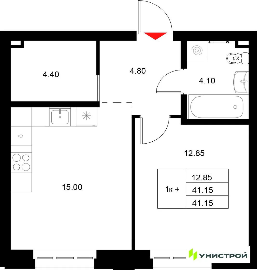 Планировка 1-комн. квартира, 41.15 м² ЖК «Уникод на Технической»