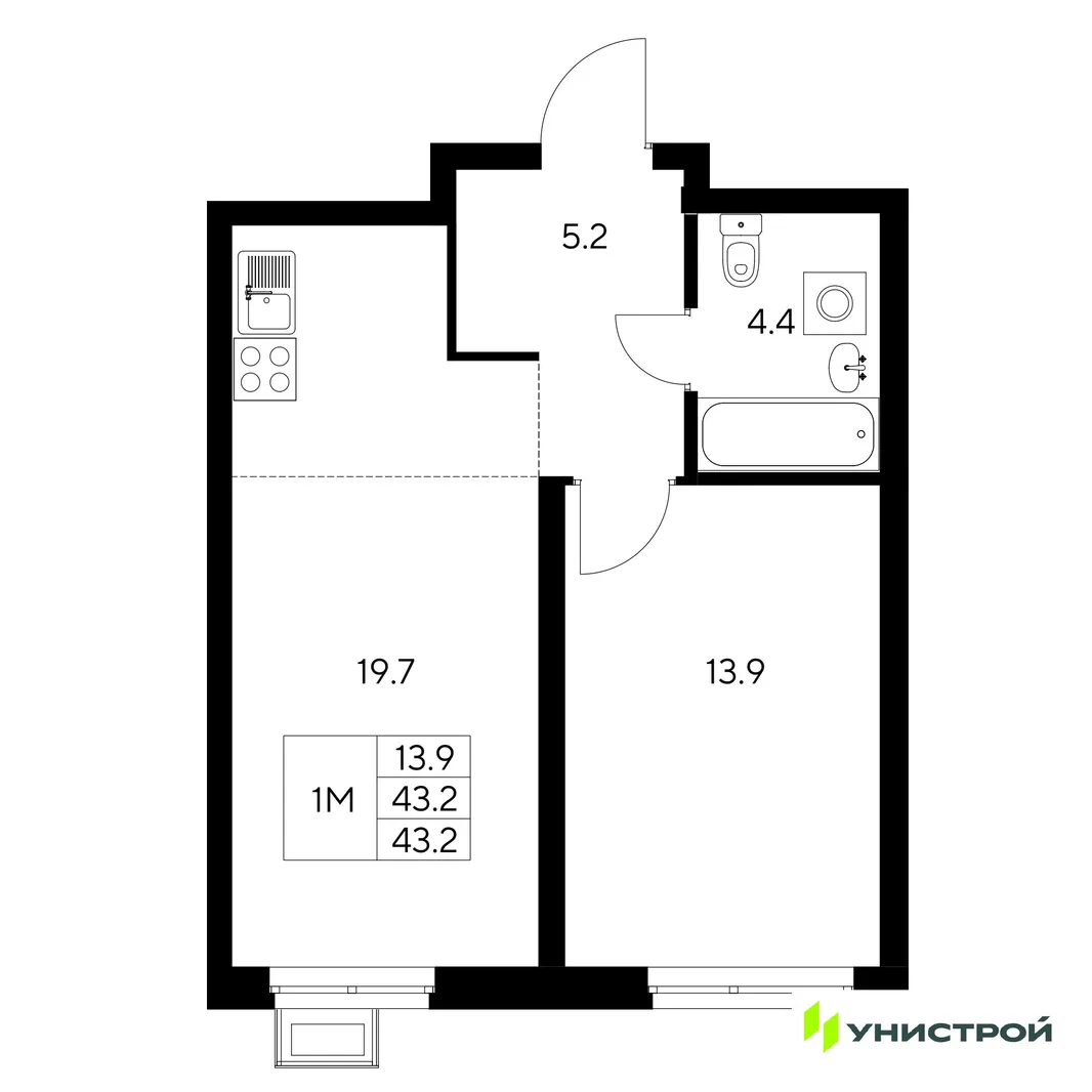 Планировка 1-комн. квартира, 43.2 м² ЖК «Стадиум»