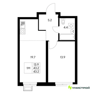 Планировка 1-комн. квартира, 43.2 м² ЖК «Стадиум»