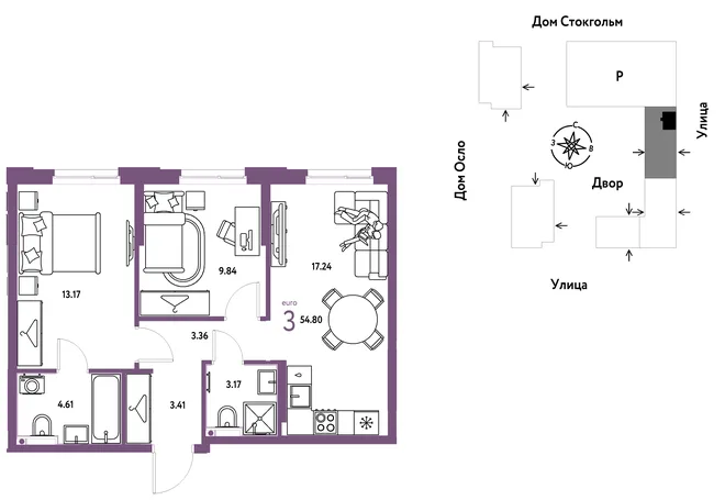 Планировка 3-комн. квартира, 54.8 м² ЖК «Европейский берег 2.0» Планировка 3-комн. квартира, 54.8 м² ЖК «Европейский берег 2.0»