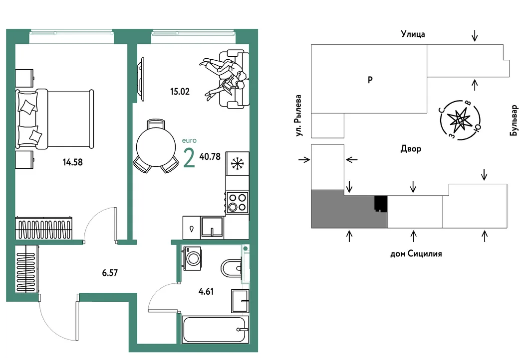 Планировка 2-комн. квартира, 40.78 м² ЖК «Остров-сад»
