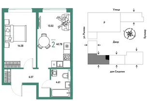 Планировка 2-комн. квартира, 40.78 м² ЖК «Остров-сад»