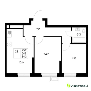 Планировка 2-комн. квартира, 54.3 м² ЖК «Стадиум»