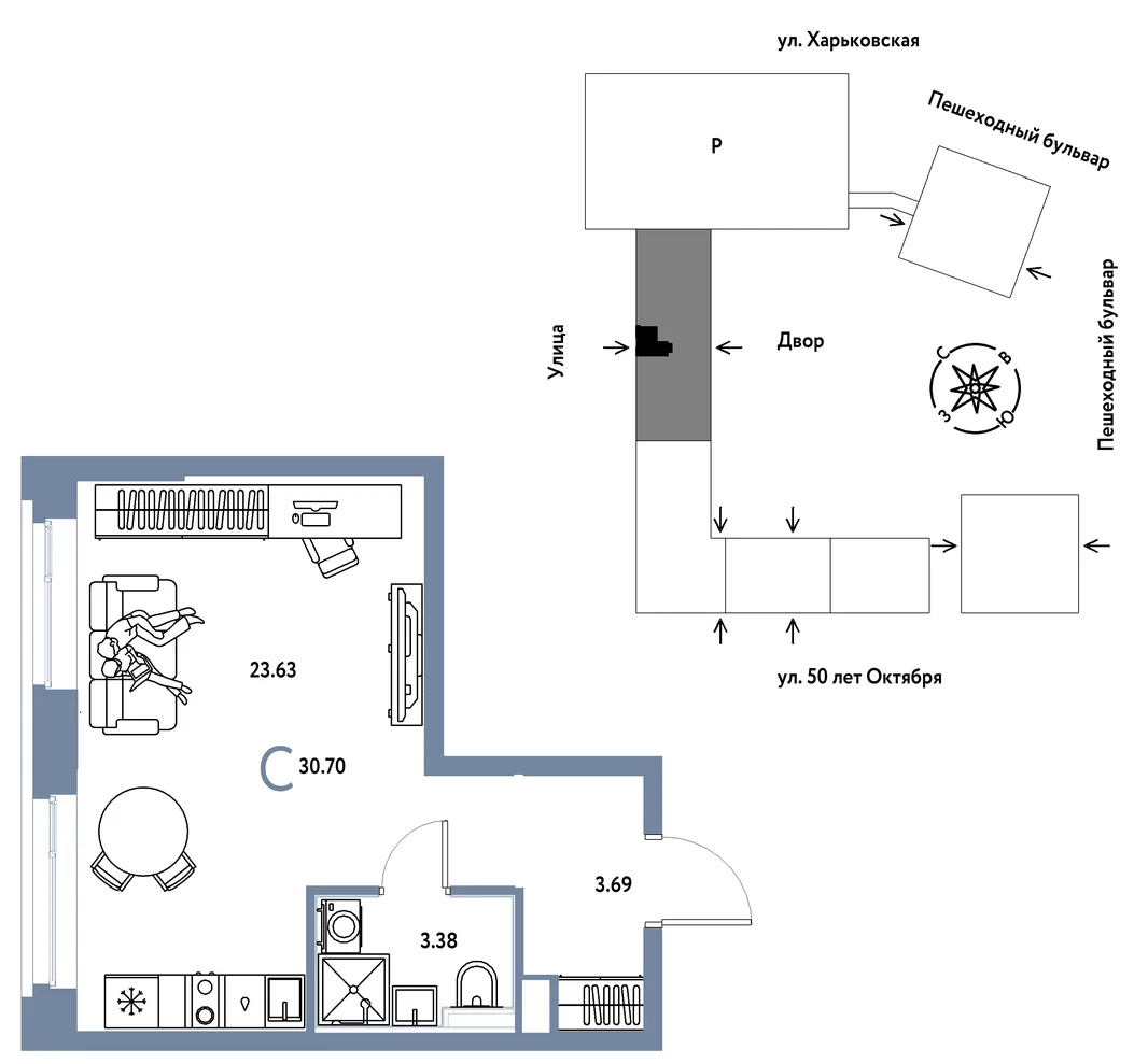 Планировка Студия, 30.7 м² ЖК «Сердце Сибири»
