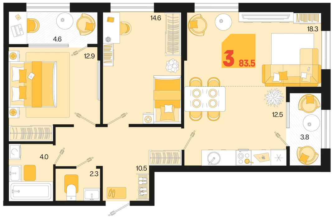 Планировка 3-комн. квартира, 83.5 м² ЖК «Первое место»