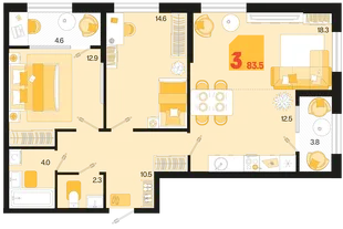 Планировка 3-комн. квартира, 83.5 м² ЖК «Первое место»