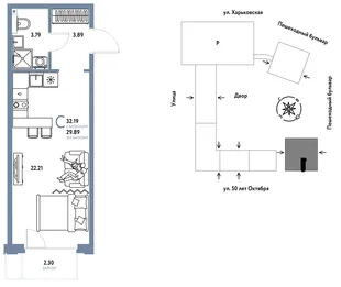 Планировка Студия, 32.19 м² ЖК «Сердце Сибири»