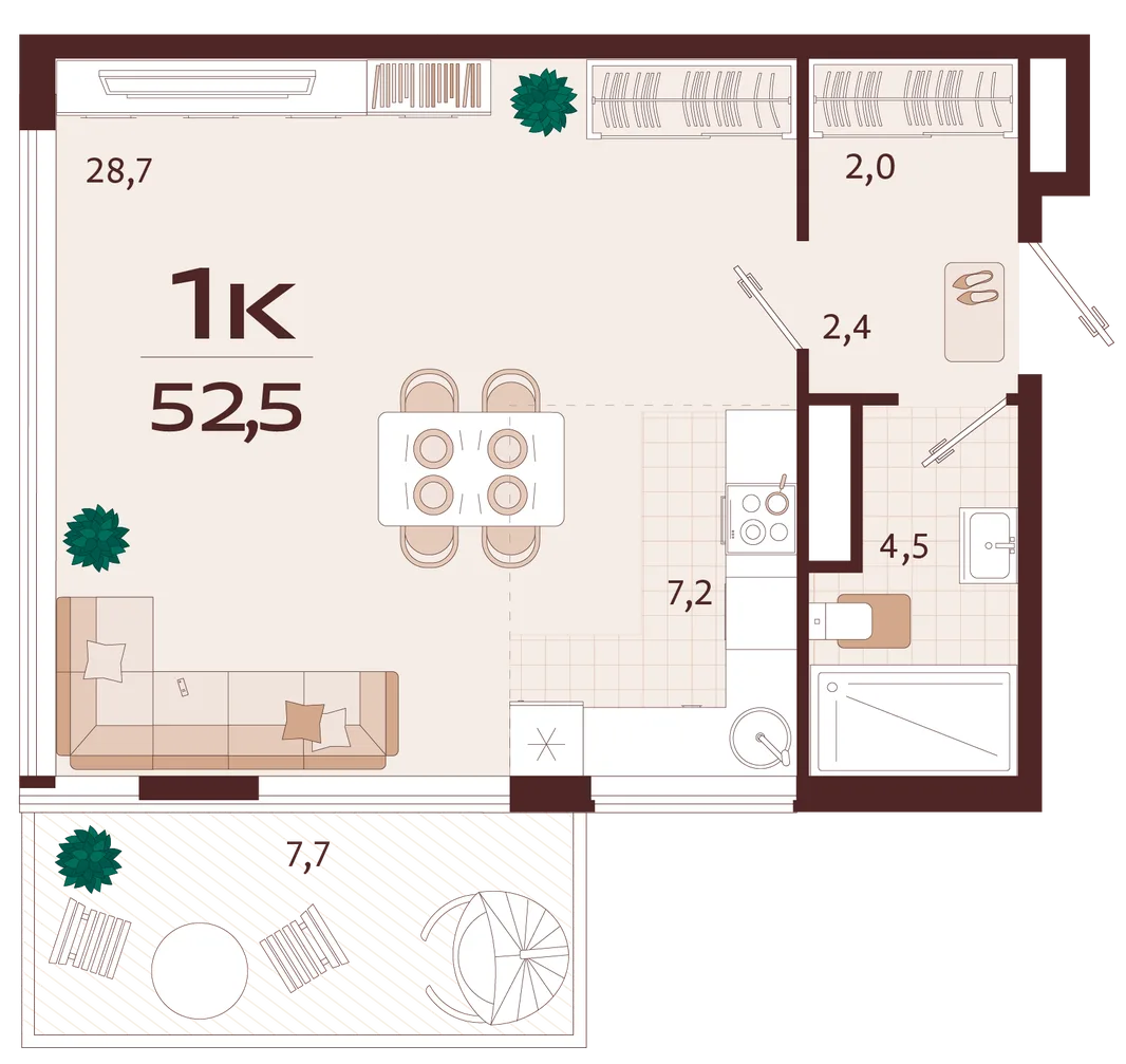 Планировка 1-комн. квартира, 52.5 м² ЖК «Роялта»