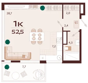 Планировка 1-комн. квартира, 52.5 м² ЖК «Роялта»