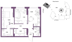 Планировка 3-комн. квартира, 57.5 м² ЖК «Сибирский сад»