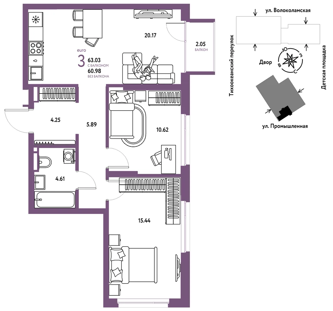 Планировка 3-комн. квартира, 63.03 м² ЖК «Страна Прибрежная»
