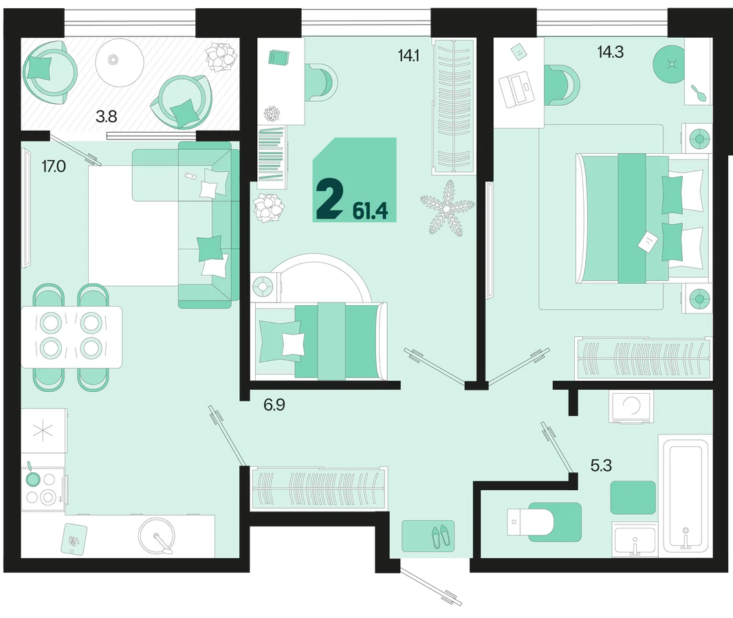 Планировка 2-комн. квартира, 61.4 м² ЖК «Первое место»