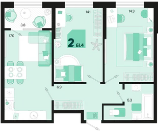Планировка 2-комн. квартира, 61.4 м² ЖК «Первое место»