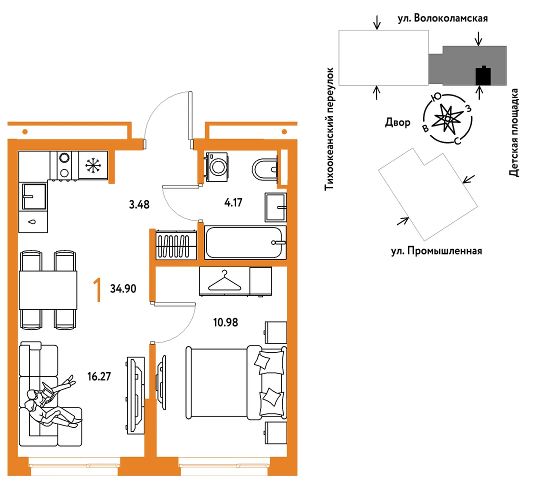 Планировка 1-комн. квартира, 34.9 м² ЖК «Страна Прибрежная»