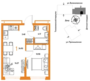 Планировка 1-комн. квартира, 34.9 м² ЖК «Страна Прибрежная»