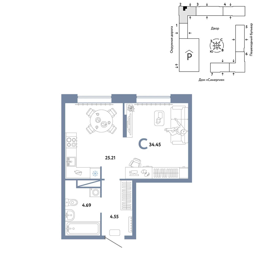 Планировка Студия, 34.45 м² ЖК «Юнион»