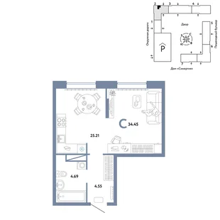 Планировка Студия, 34.45 м² ЖК «Юнион»