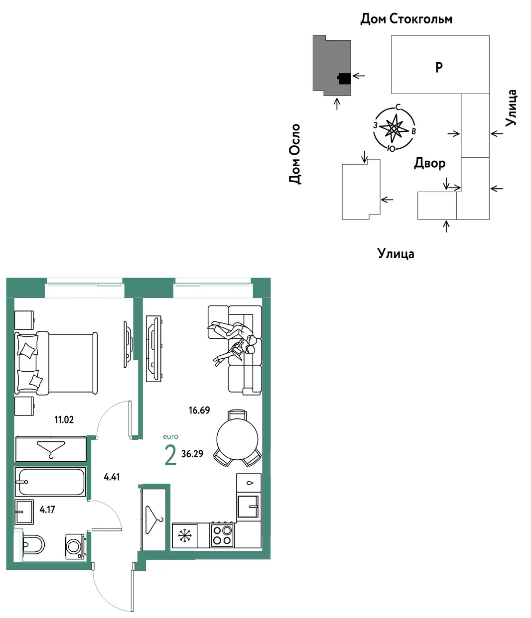 Планировка 2-комн. квартира, 36.29 м² ЖК «Европейский берег 2.0»