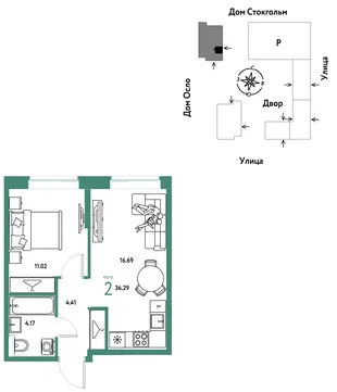 Планировка 2-комн. квартира, 36.29 м² ЖК «Европейский берег 2.0»