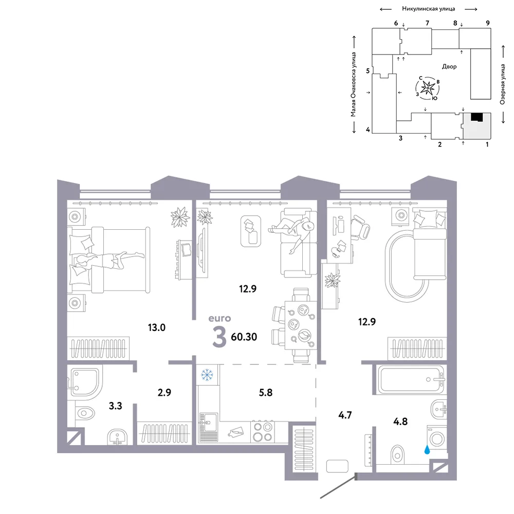 Планировка 3-комн. квартира, 60.3 м² ЖК «Страна.Озёрная»