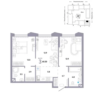 Планировка 3-комн. квартира, 60.3 м² ЖК «Страна.Озёрная»